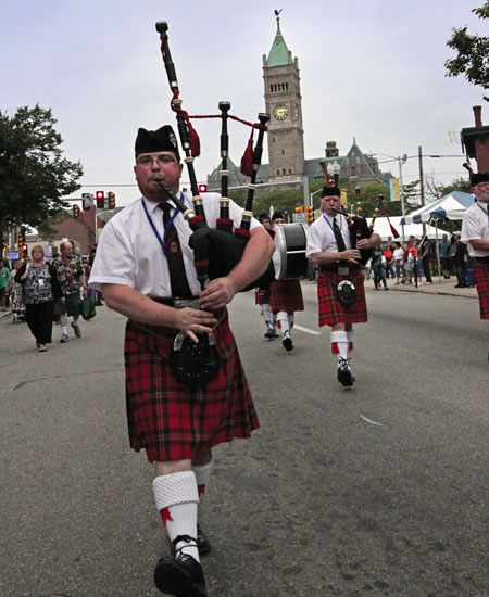 The Worcester Kiltie Pipe Band performs during the annual Lowell Folk Festival. Photo courtesy of Lowell Folk Festival/Higgins &amp; Ross