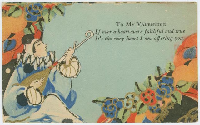 a vintage illustrated Valentine with a Harlequin figure playing a lute and floral designs