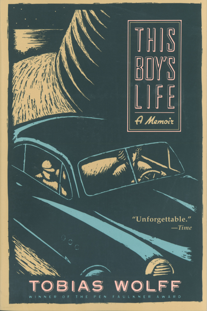 Book cover: title and author name in pink and white outline type over a background of an illustration of a car making its way around a curve on a mountain road