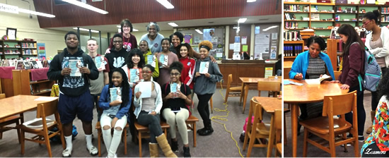 Two photos combined: Left: Group of students hold up copies of Silver Sparrow in library.  Right: Author Tayari Jones signs a copy of Silver Sparrow for a student.