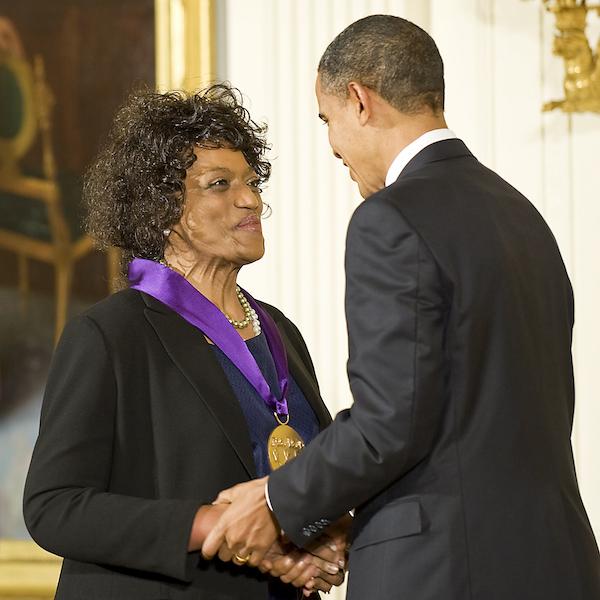 2009 National Medal of Arts recipient and soprano Jessye Norman receives her medal from President Barack Obama