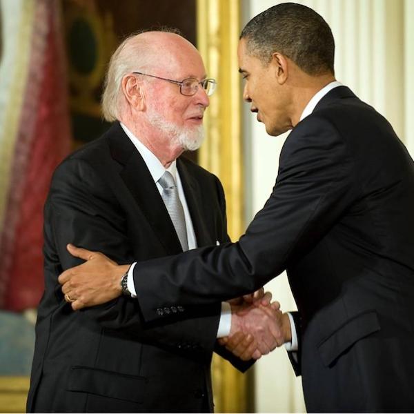 2009 National Medal of Arts recipient and composer/conductor John Williams receives his medal from President Barack Obama