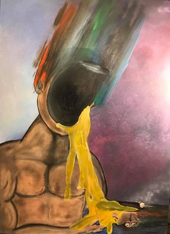 Oil painting of a naked man from the waist up with multi-colored brush strokes emanating from a welder mask and yellow fluid pouring from the mask onto the table
