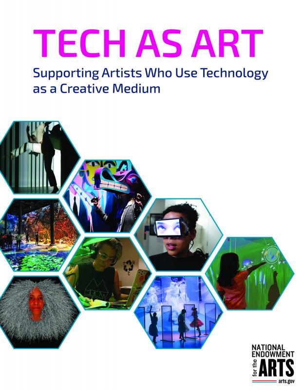 cover of report Tech as Art with white background and 8 photos of artists' work
