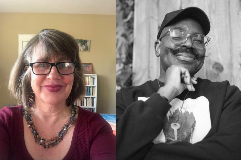Two photos, one of an older white woman with grey hair and glasses who is smiling. She wears a beaded necklaces and purple shirt. Second photo is a Black man with an ever-widening smile, handlebar mustache, and partially paralyzed face. His right hand is propping his dimpled chin, his left arm is folded across his midriff and the rest of his body is outside the frame. He is wearing a black ballcap, a right-sided cochlear implant, glasses, and a black sweatshirt with an abstract print. It is black and white