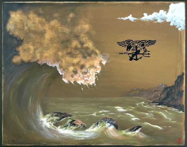 Painting of a large wave about to crash_ with a seal floating in the sky.