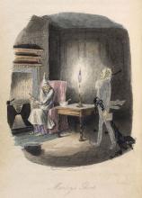 Color line drawing of a man, Ebenezer Scrooge, sitting in an armchair by a fire wearing a sleeping gown and night cap being visited by the ghost of a man in a black suit and encircled by a giant chain. 