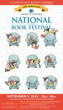 This poster for the 2015 National Book Festival features a young girl sitting on a chair and reading a book.  The poster also features the Thomas Jefferson quote "I cannot live without books."