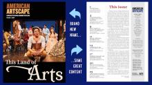 a collage featuring the cover of American Artscape magazine and the table of contents. One arrow points to the cover saying Brand new name white another arrow points to the text saying Same great content