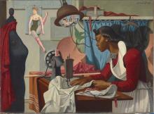 painting of a well-dressed woman of color working at a sewing machine