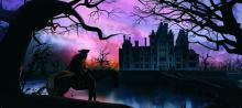 a full-color animated still of a man on a horse looking at a Gothic type house in the distance