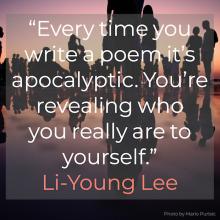 a mirror image of a crowd of people with the quote by Li Young Lee on it