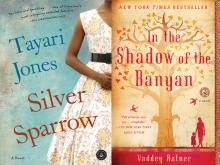 Two book covers: Tayari Jones Silver Sparrow over a sky background with the neck-down body of a black girl in a patterned dress In the Shadow of the Banyan Tree by Vaddey Ratner with a woman and child standing beneath a tree on a pale yellow cover