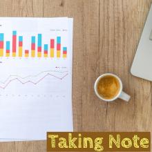 photo of graphs and charts with a cup of coffee and text that reads Taking Note