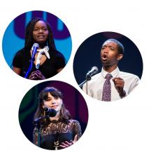 Photos of three Poetry Out Loud champs in individual circles against a white background