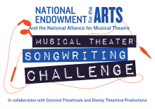Logo graphic of headphones and text reading National Endowment for the Arts and the National Alliance for Musical Theatre Musical Theater Songwriting Challenge. In collaboration with Concord Theatricals and Disney Theatrical Productions