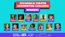 Graphic with 13 photos of young adults who won a songwriting contest