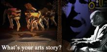 collage of a basket, a group of dancers, and a man at a piano with the text "What's your arts story?"