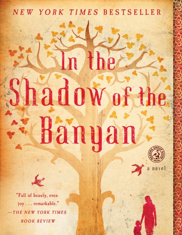 Book cover: author name and title in red serif type over a yellow background of an orange watercolor of a banyan tree 